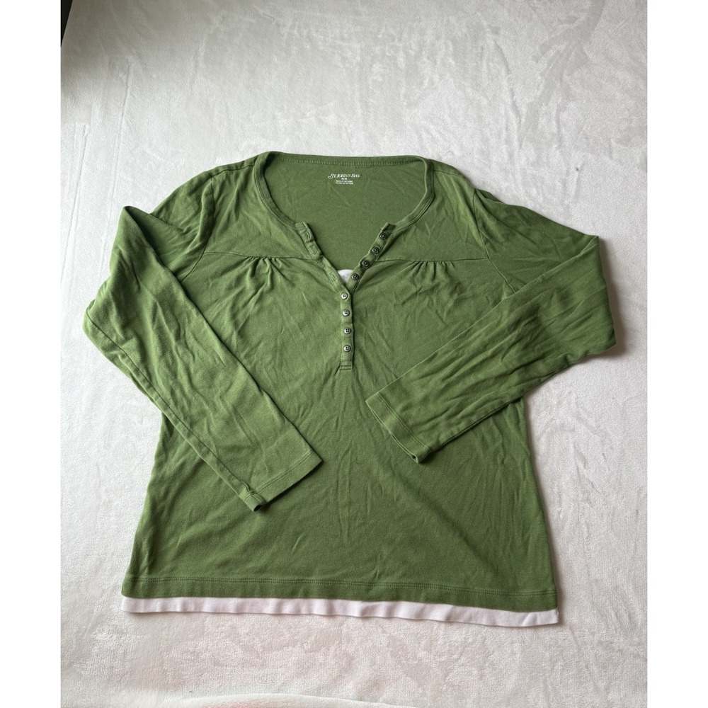 St John's Bay 100% Cotton Women M Green Soft Knit Button Long Sleeve Shirt